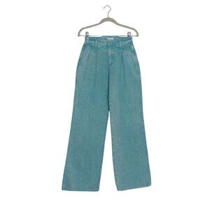 AVEC LES FILLES High Waist Retro Acid Wash Teal Green Pleated Wide Leg Jeans 24